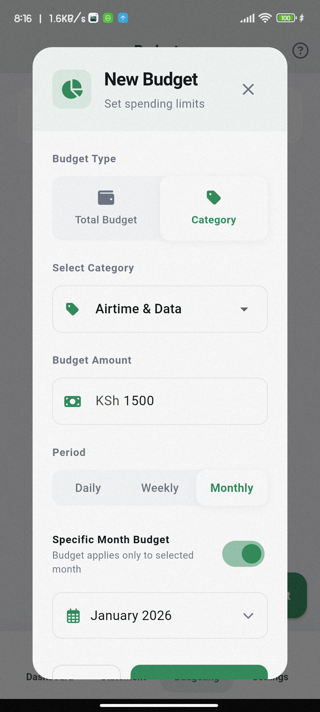 Create new budget dialog
